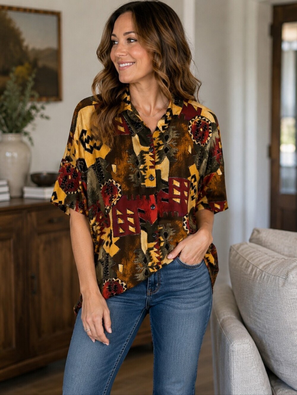 Vintage Cabrais Plus Collection 100% Rayon Abstract Geometric Button Up 22W